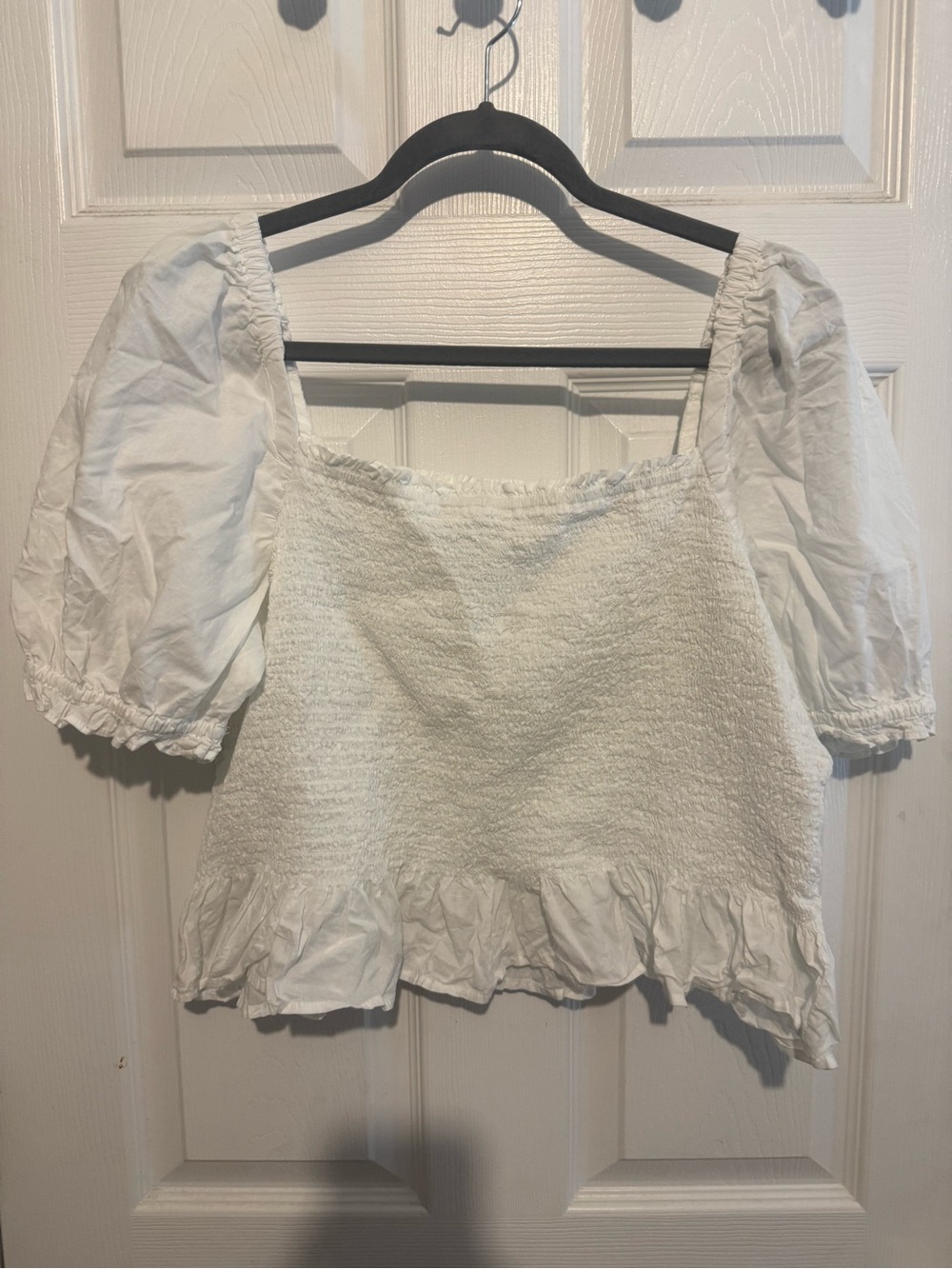 J. Crew White Smocked Square Neck Puff Sleeve Top